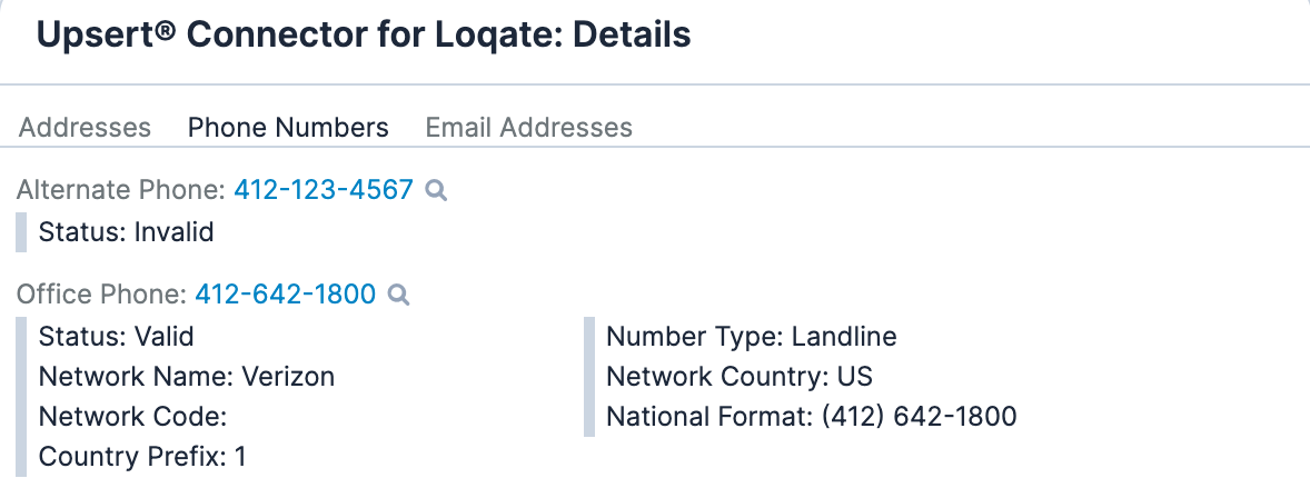 Upsert® Connector for Loqate Phone Validation Details