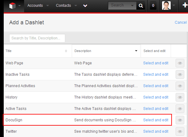 SugarCRM add DocuSign dashlet
