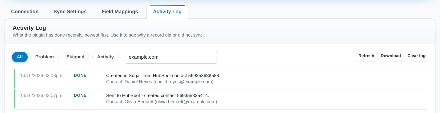 Activity Log filtered by a search