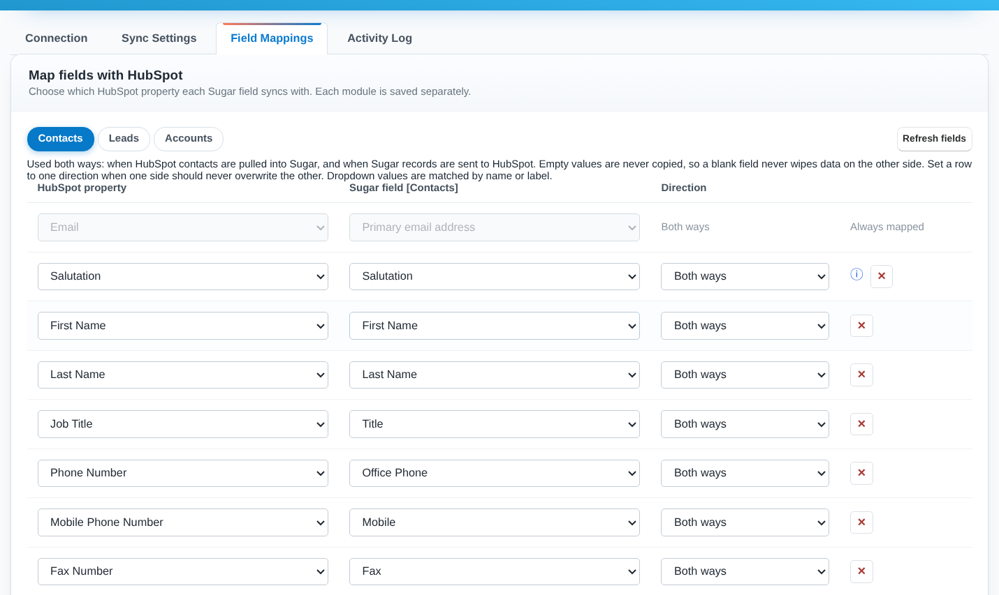 Field Mappings tab for Contacts