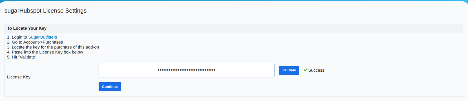License Configuration page after validating