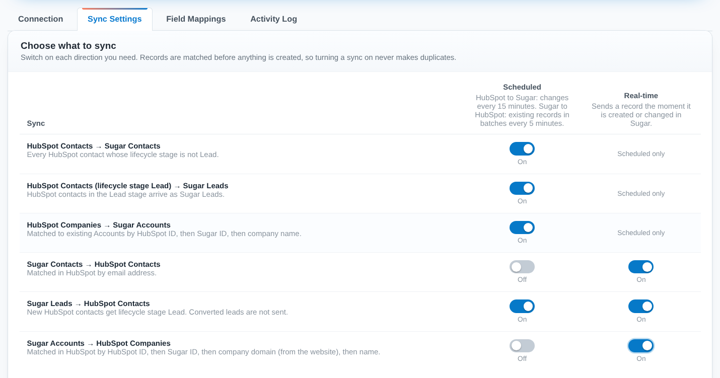 Sync Settings tab