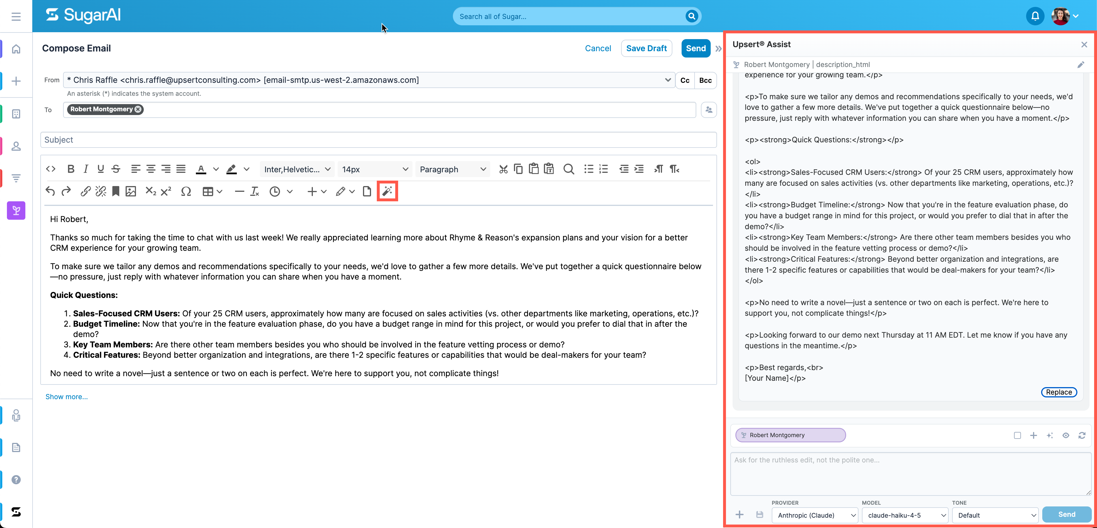 Email compose screen with AI-assisted draft inserted into the body
