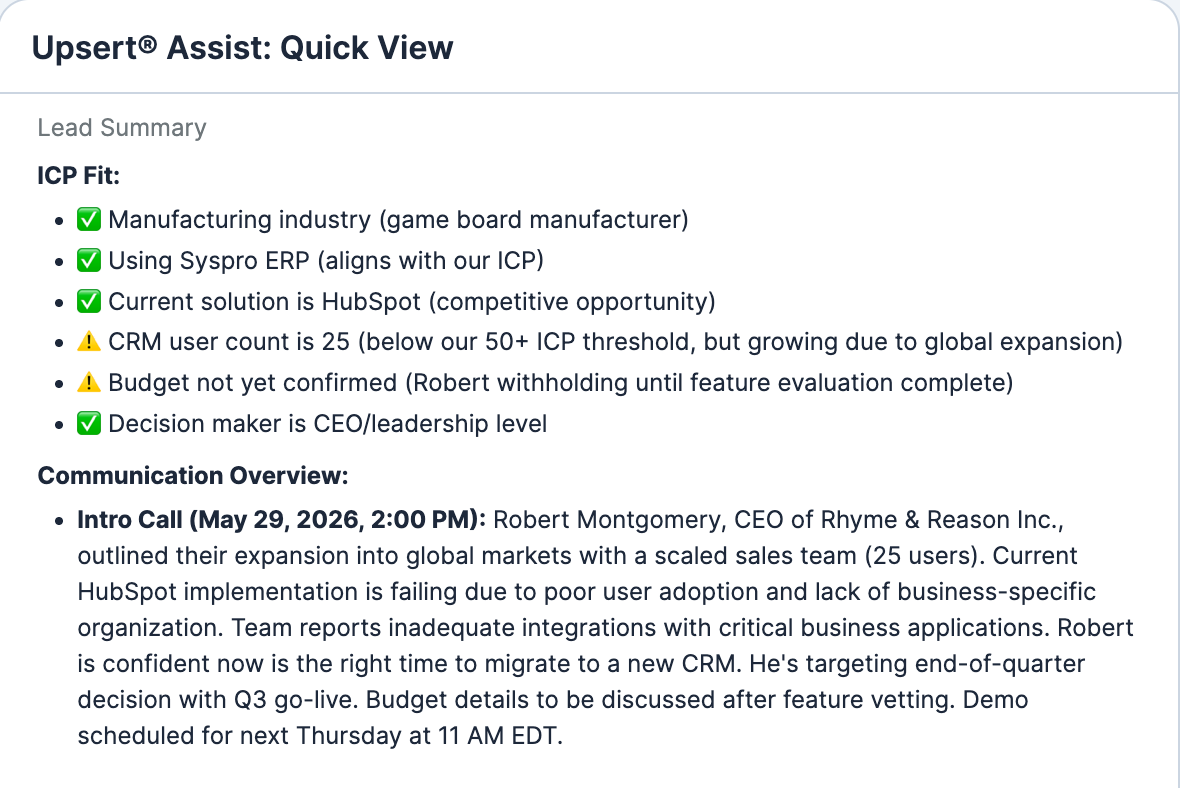 Summary of a lead record generated via Upsert Assist