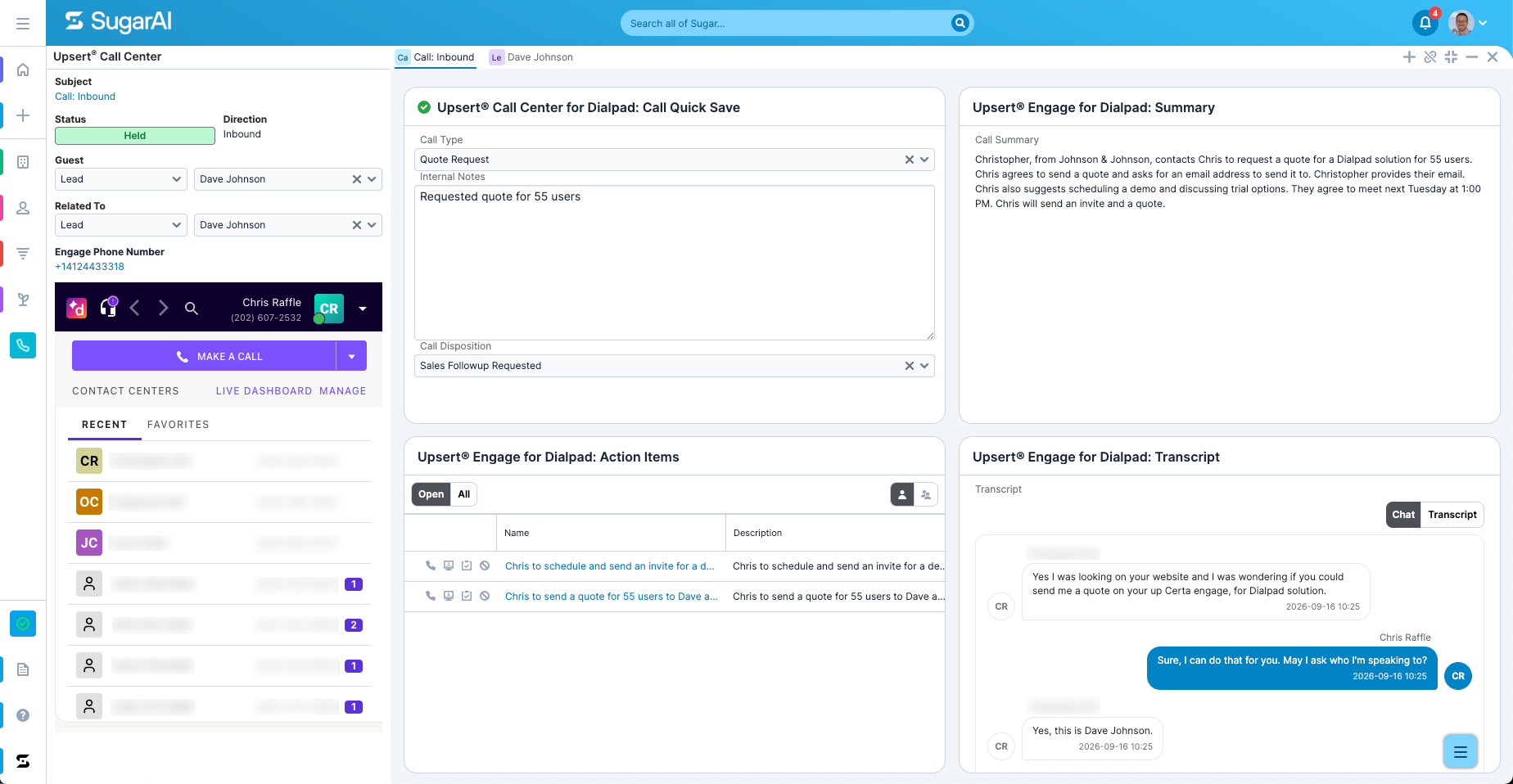 Call focus drawer showing the Quick Save dashlet, call summary, action items, and transcript.
