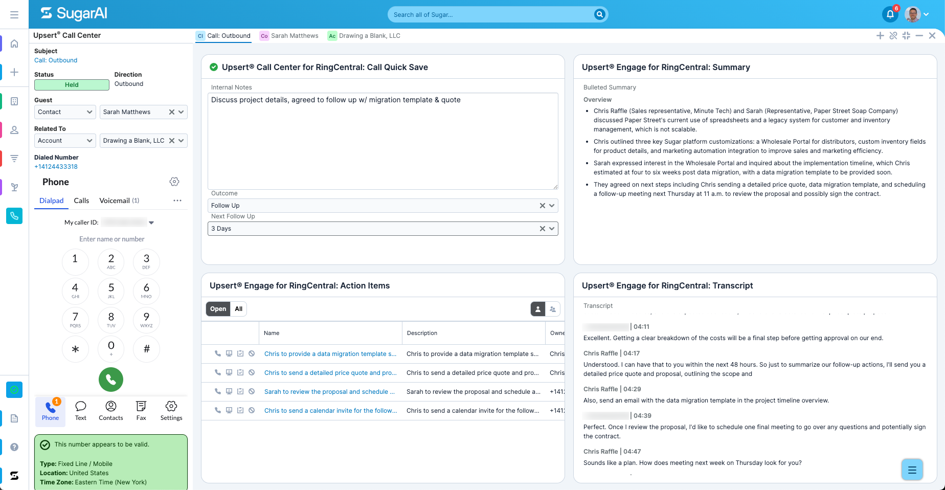 Call focus drawer with Quick Save dashlet, call summary, action items, and transcript.