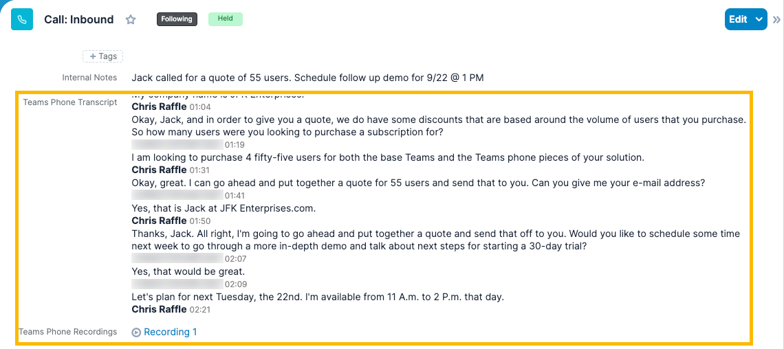 Transcript and recording link of a MS Teams Phone call as seen on a Sugar call record