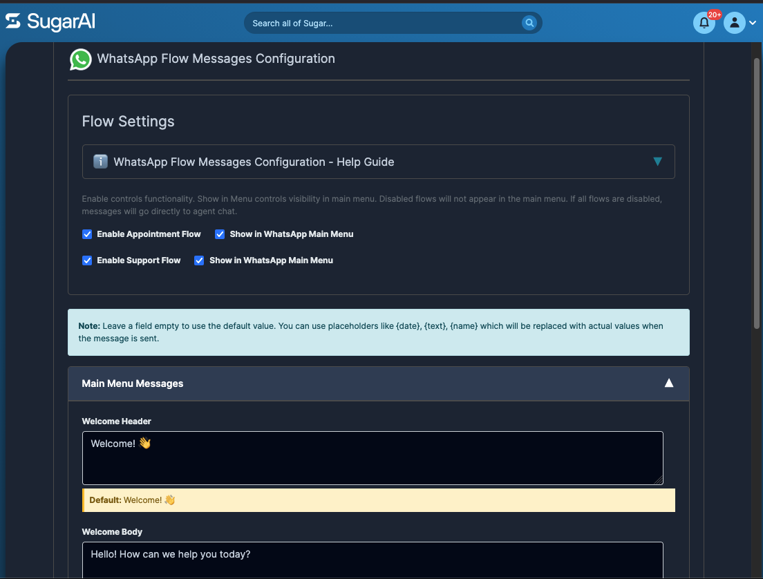 SugarAI Flow Messages Settings page with options to enable Appointment, Support, Marketing, and Feedback flows