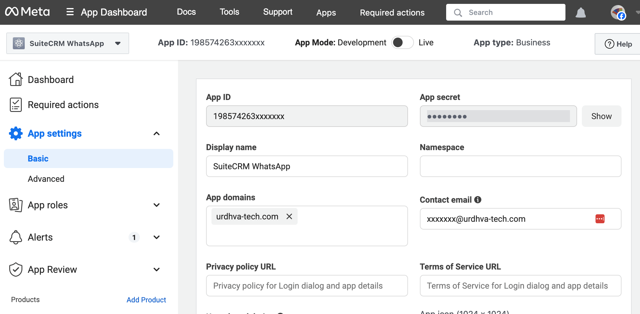 Meta for Developers Dashboard showing the WhatsApp Business App with App ID and App Secret fields