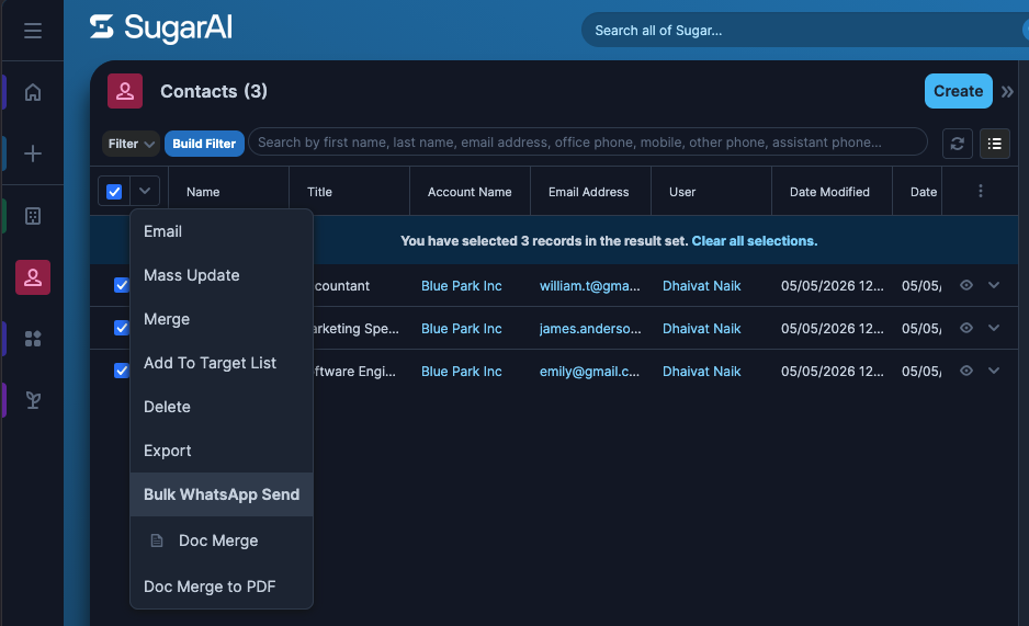 SugarAI Contacts list view with multiple contacts selected and WhatsApp Bulk Send option in Bulk Actions dropdown