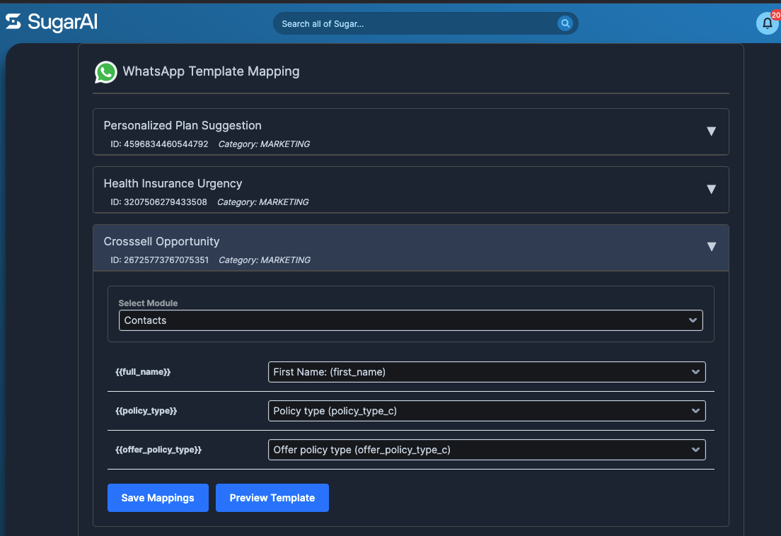 SugarAI Template Mapping Configuration page showing how to map WhatsApp template parameters to CRM fields