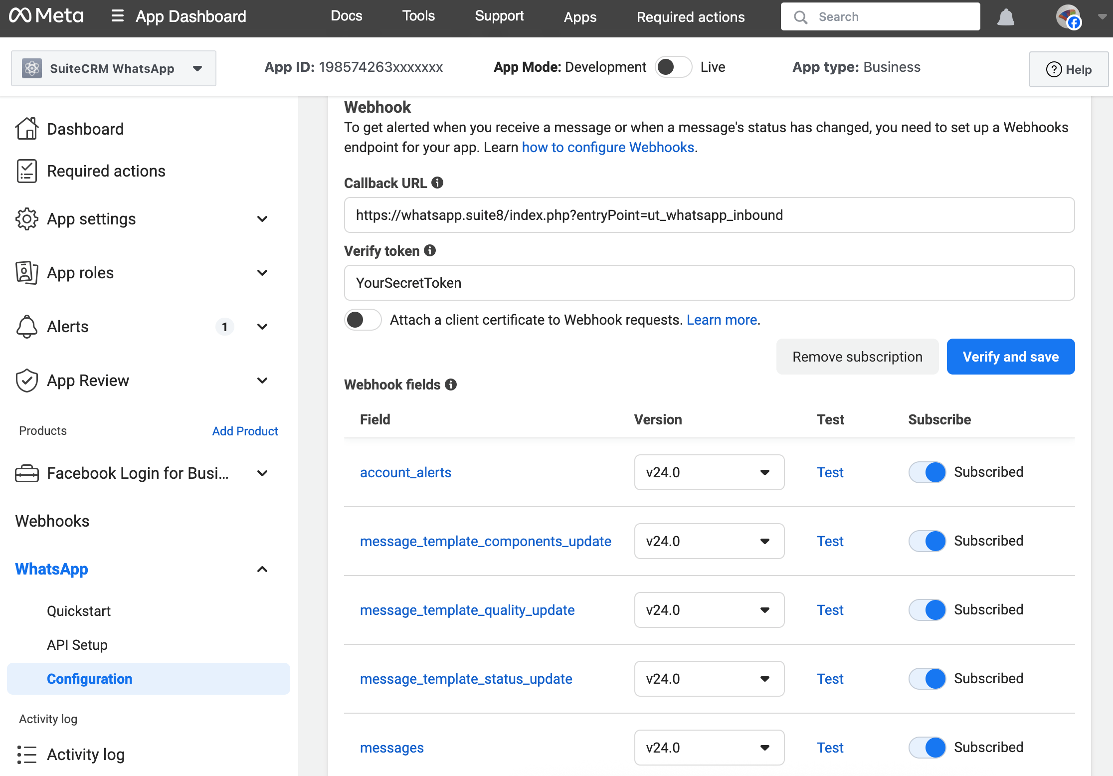 Meta for Developers Webhook Configuration page showing Callback URL and Verify Token fields