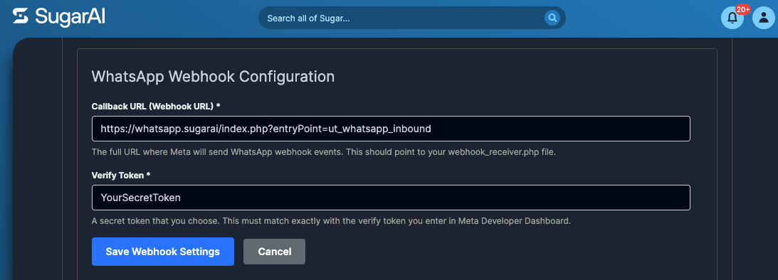 SugarAI Webhook Configuration page displaying Webhook URL and Verify Token to copy