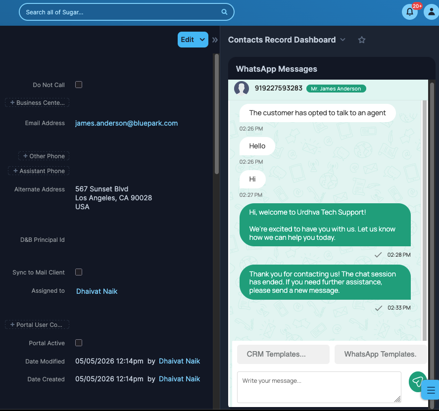 SugarAI Record view Dashlet for WhatsApp