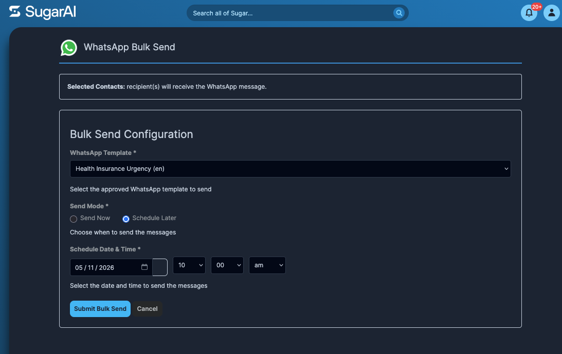 Bulk messaging from SugarAI WhatsApp integration
