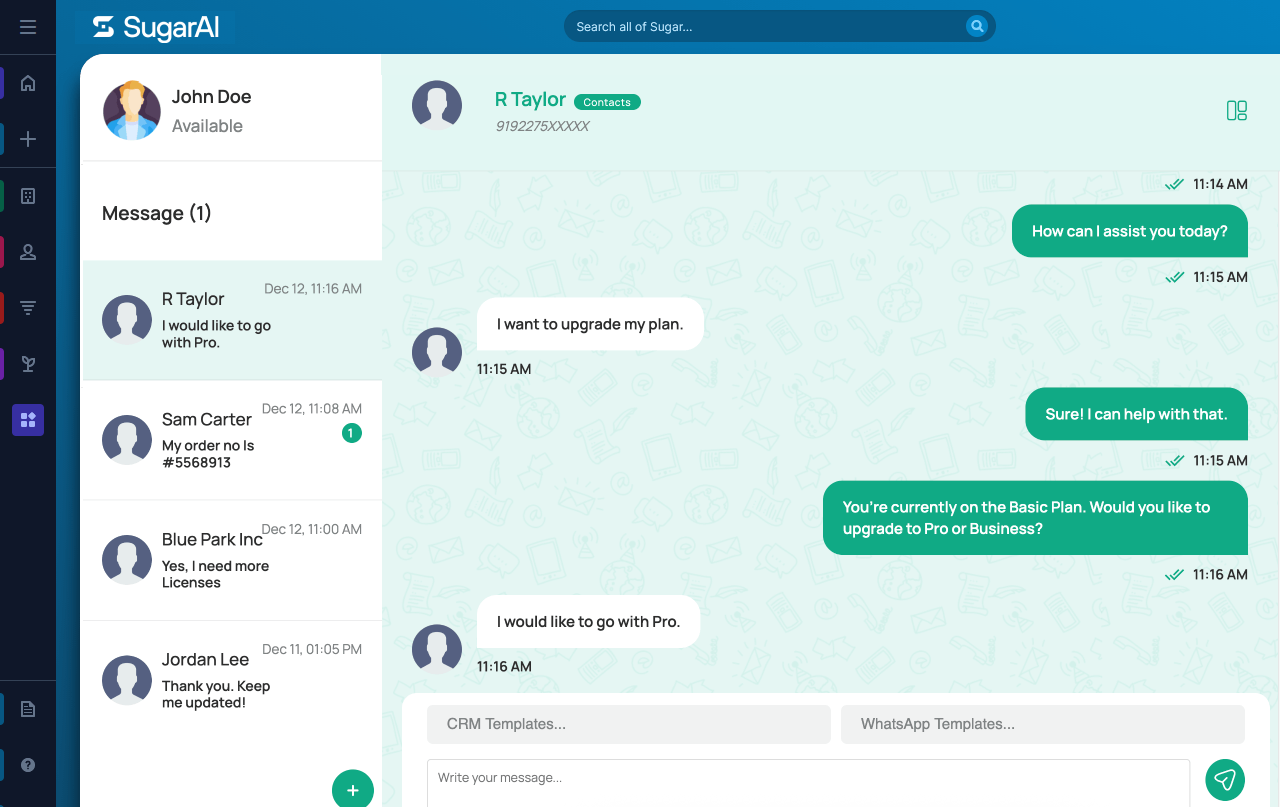 WhatsApp conversation inbox in SugarCRM